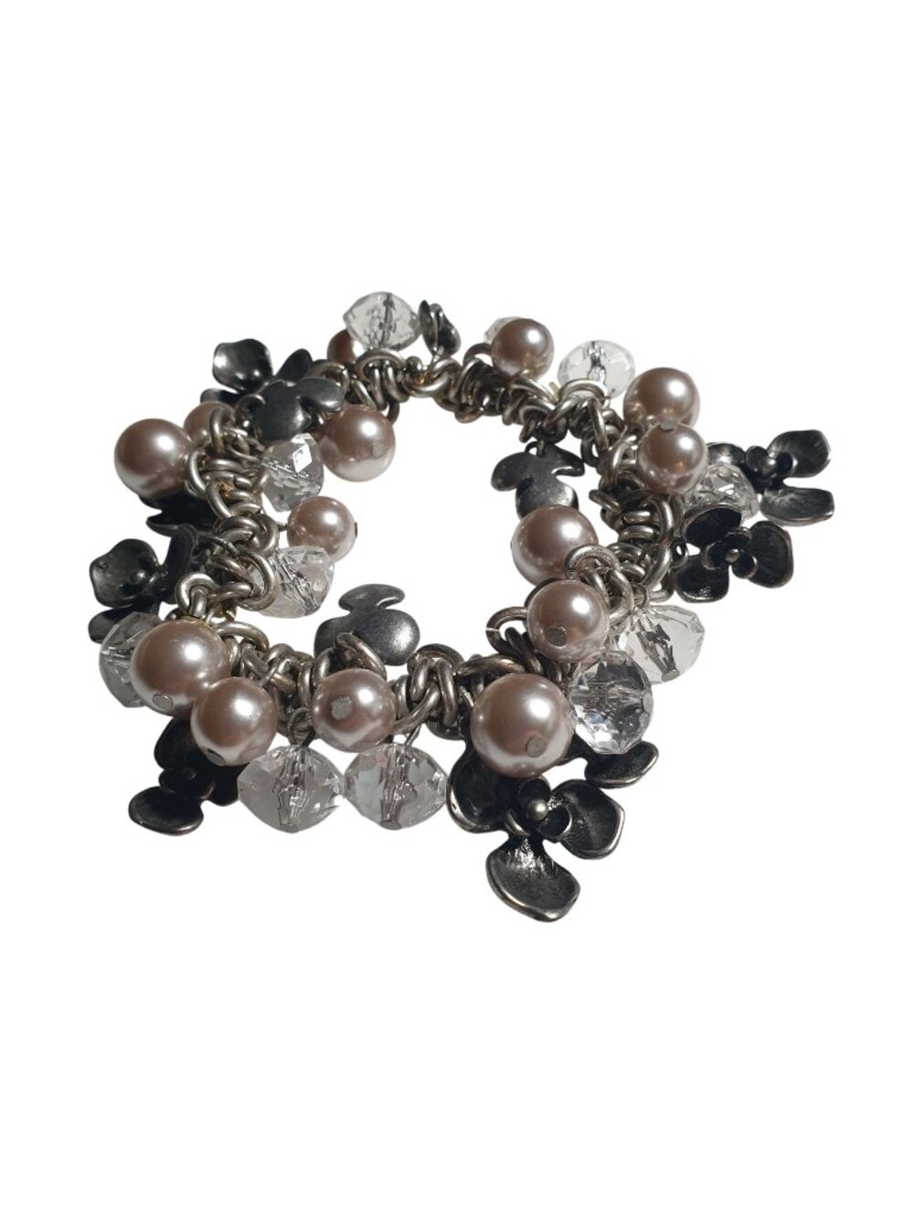 Beaded Charm Bracelet Flowers Pearls Clear Beads Metal Accents 7 Inch Stretch